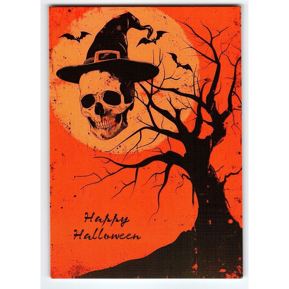 Vintage Halloween Postcard Skull Witch Hat Bats Tree 5.5x4 Chrome